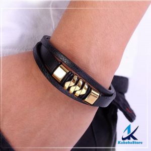 Pulsera de cuero multicapa negro y dorado