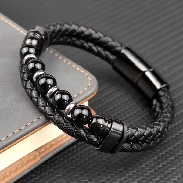 Pulsera de cuero negro con piedras lisa