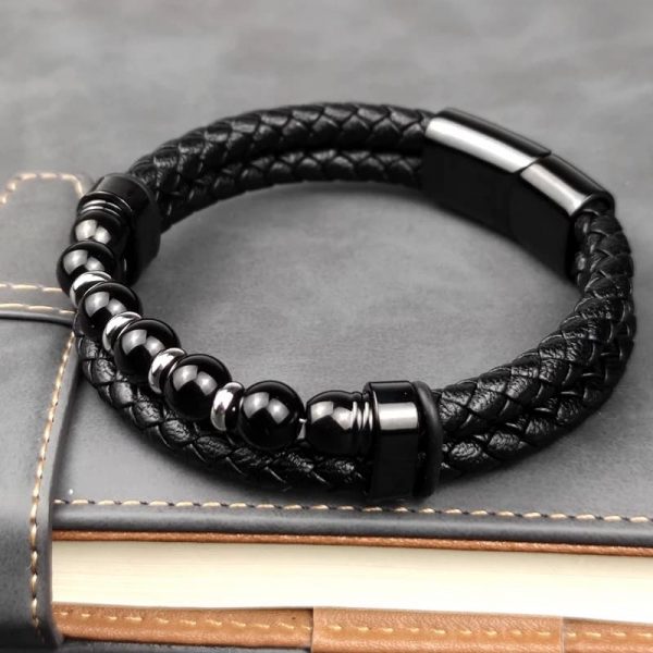 Pulsera de cuero negro con piedras lisa