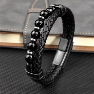 Pulsera de cuero negro con piedras lisa