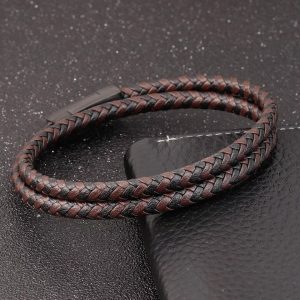 Pulsera de cuero trenzado doble café negro