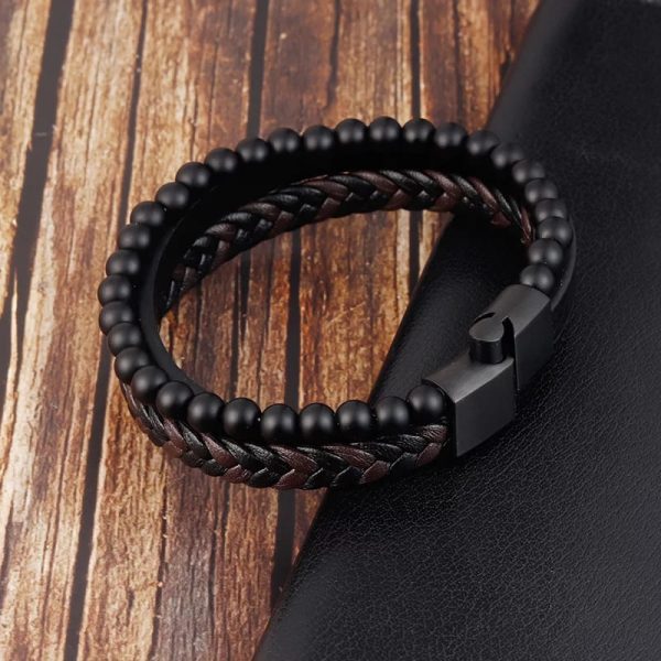 Pulsera de cuero café y negro con piedras 