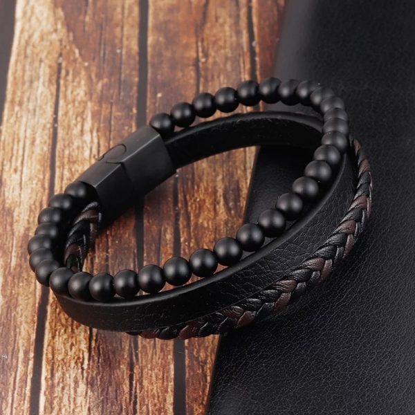 Pulsera de cuero café y negro con piedras 