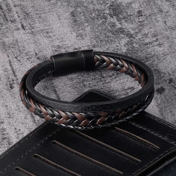 Pulsera de cuero negro y café multicapa