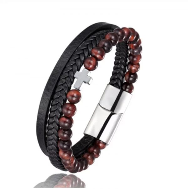 Pulsera de cuero negro perlas café multicapa cruz