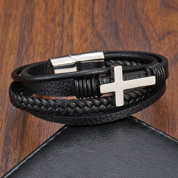 Pulsera de cuero negro multicapa cruz plata