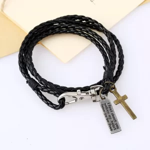 Pulsera de cuero negro en cruz regulable 