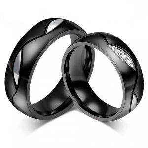 Anillo Inox parejas negro detalles plateado