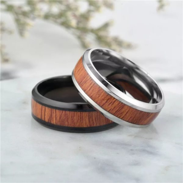 Anillo Inox plata con detalles de madera