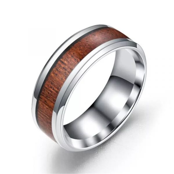 Anillo Inox plata con detalles de madera