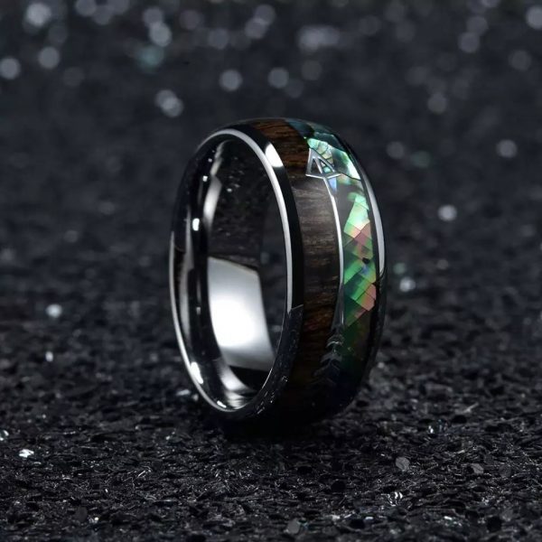 Anillo Inox plata detalles verde madera