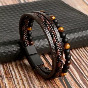 Pulsera de cuero café multicapa con perlas negras y café