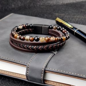 Pulsera de cuero café y negro trenzado multicapa