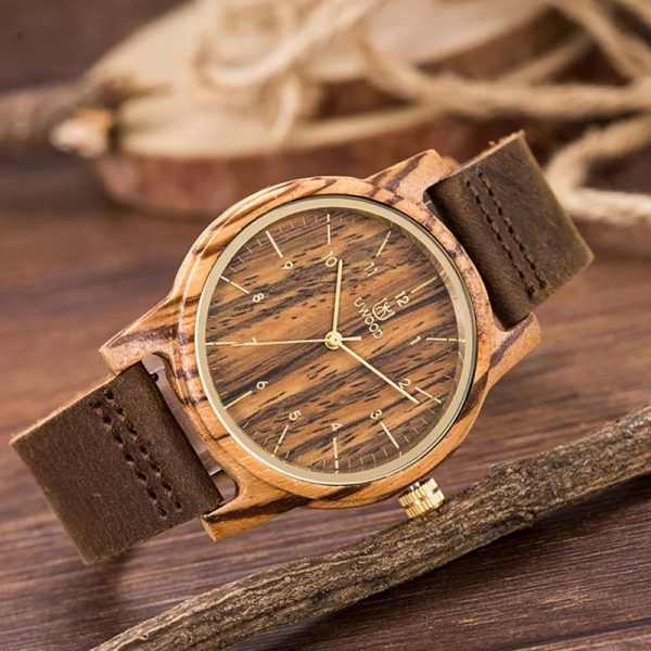 Reloj de bambú unisex con correa de cuero