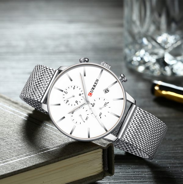 Reloj CURREN, acero inoxidable plata y fondo blanco