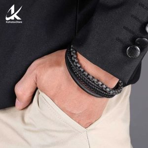 Pulsera de cuero negro multicapa + acero