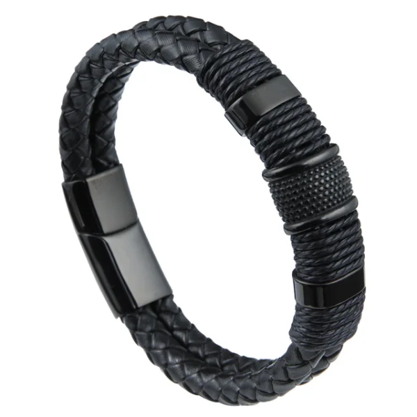 Pulsera de cuero doble trenza negro