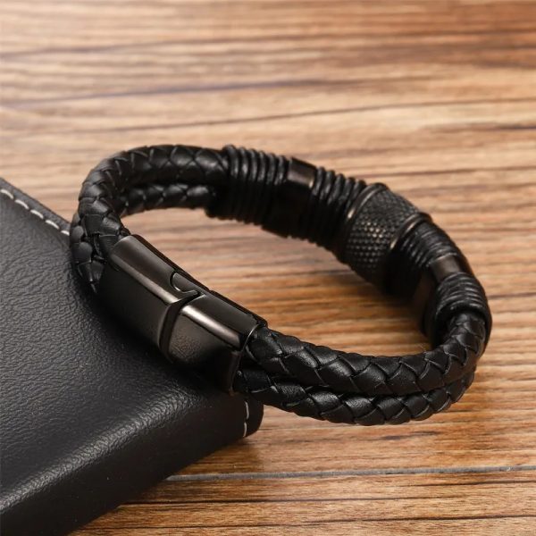 Pulsera de cuero doble trenza negro