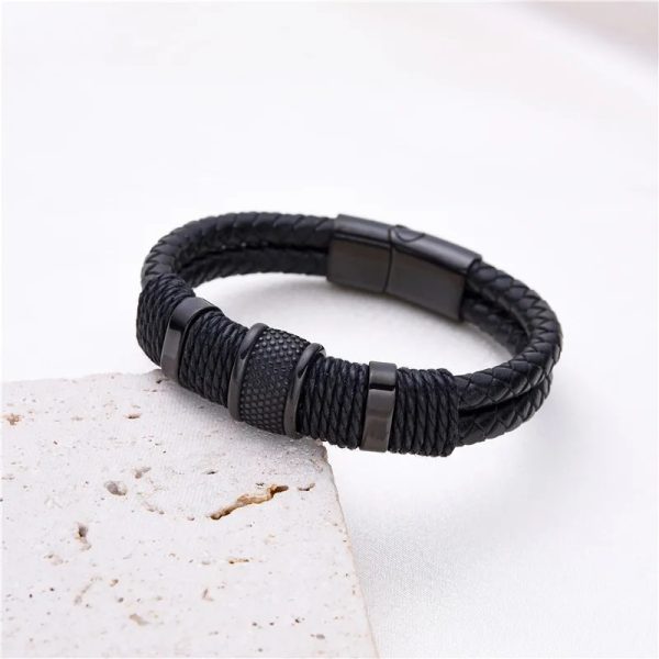 Pulsera de cuero doble trenza negro