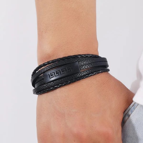 Pulsera de cuero negro multicapa 