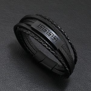 Pulsera de cuero negro multicapa 