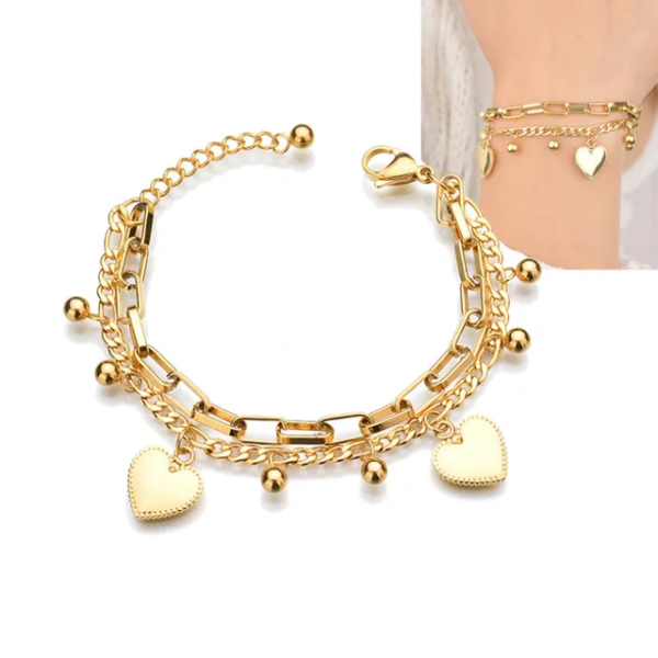 Pulsera Inox doble corazón dorado