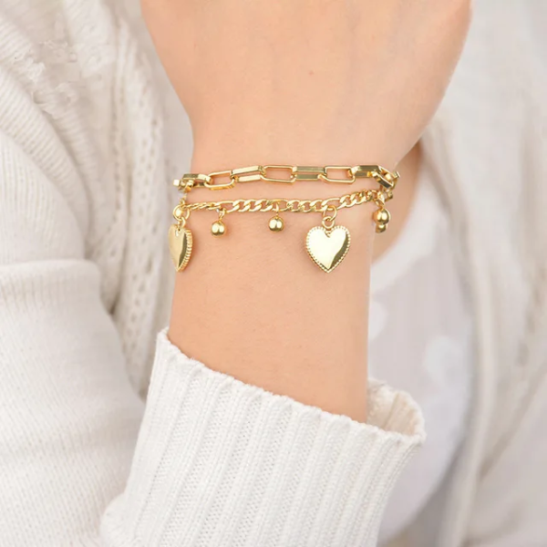 Pulsera Inox doble corazón dorado