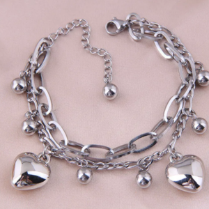 Pulsera Inox doble corazón plata