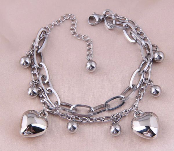 Pulsera Inox doble corazón plata